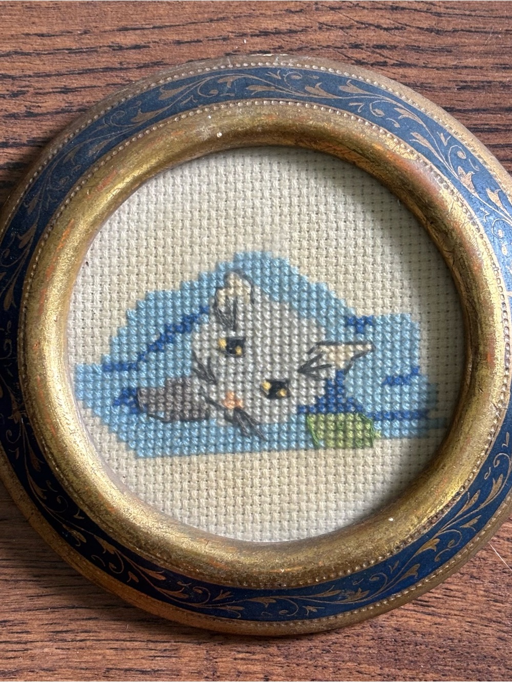 Framed Blue & Gold Cat Cross-Stitch Wall Art